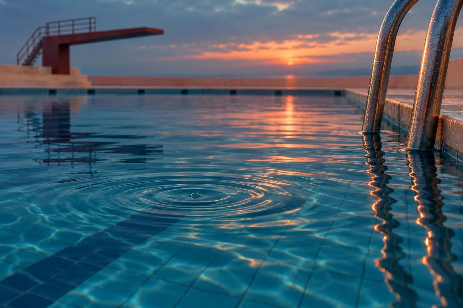 A ripple spreads beside the pool ladder, with the same diving platform across the water.