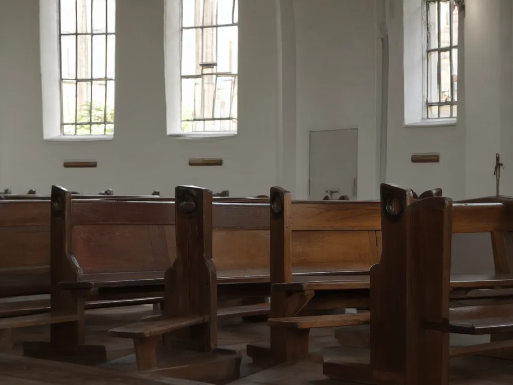 A quiet chapel with wooden pews and tall windows.