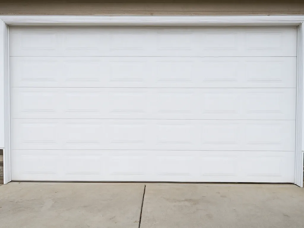 A technician checking the springs on a two-car garage door.