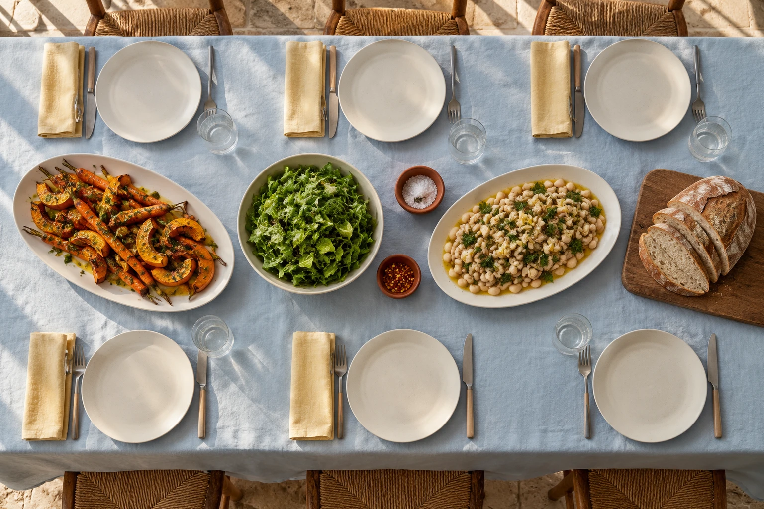 Six ivory place settings around shared vegetables, beans and bread on pale blue linen