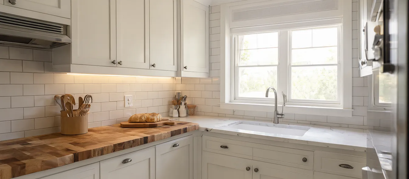 A newly finished kitchen with white cabinets and a window over the sink.