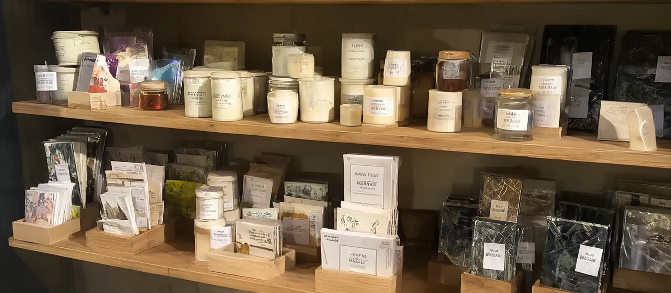 Shelves of candles, cards and small gifts near a front window.