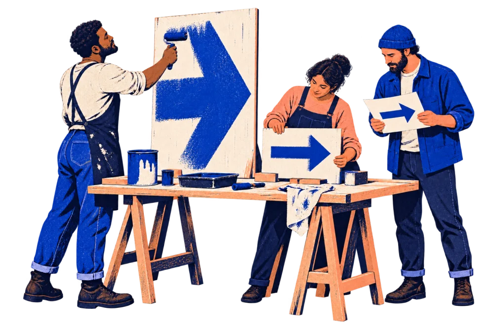 Original illustration of three adults making reusable arrow panels together; fictional participants, not actual staff.