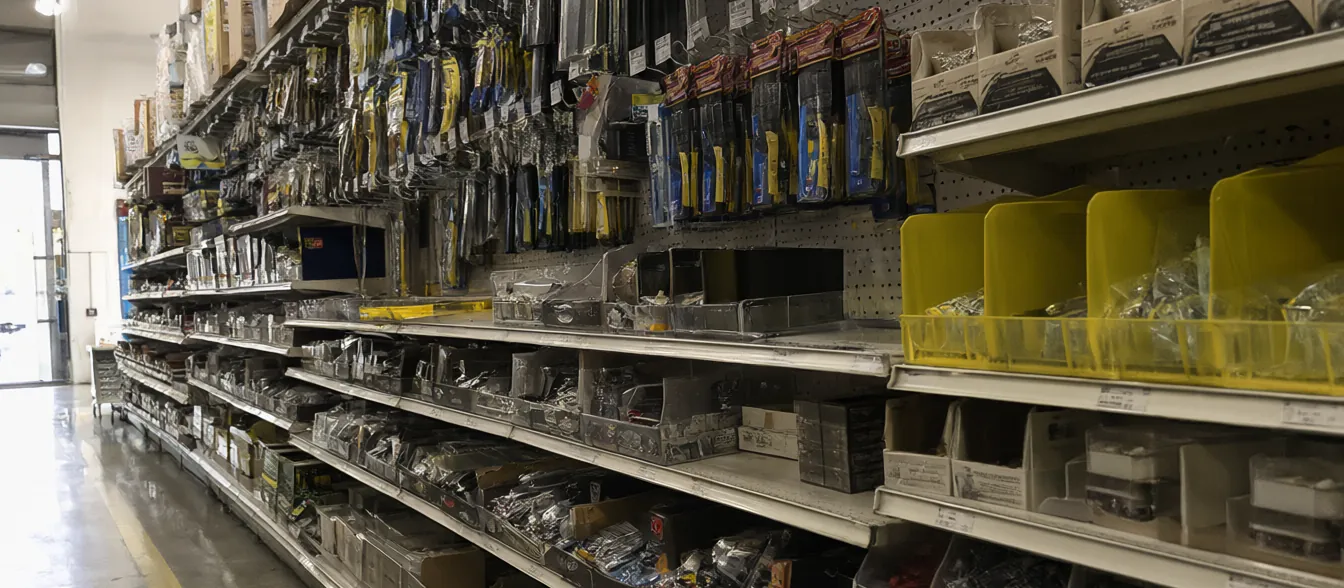 Shelves of tools and hardware along a store aisle.