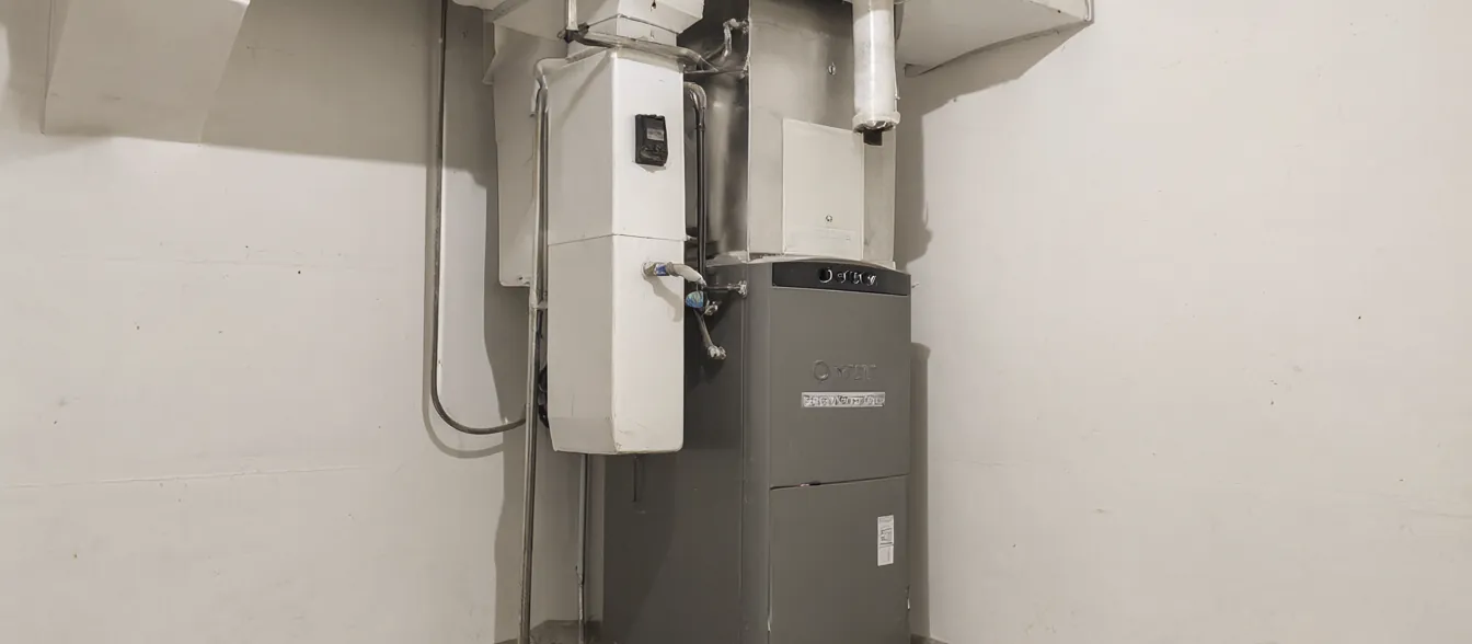 A technician checking a furnace in a basement utility room.