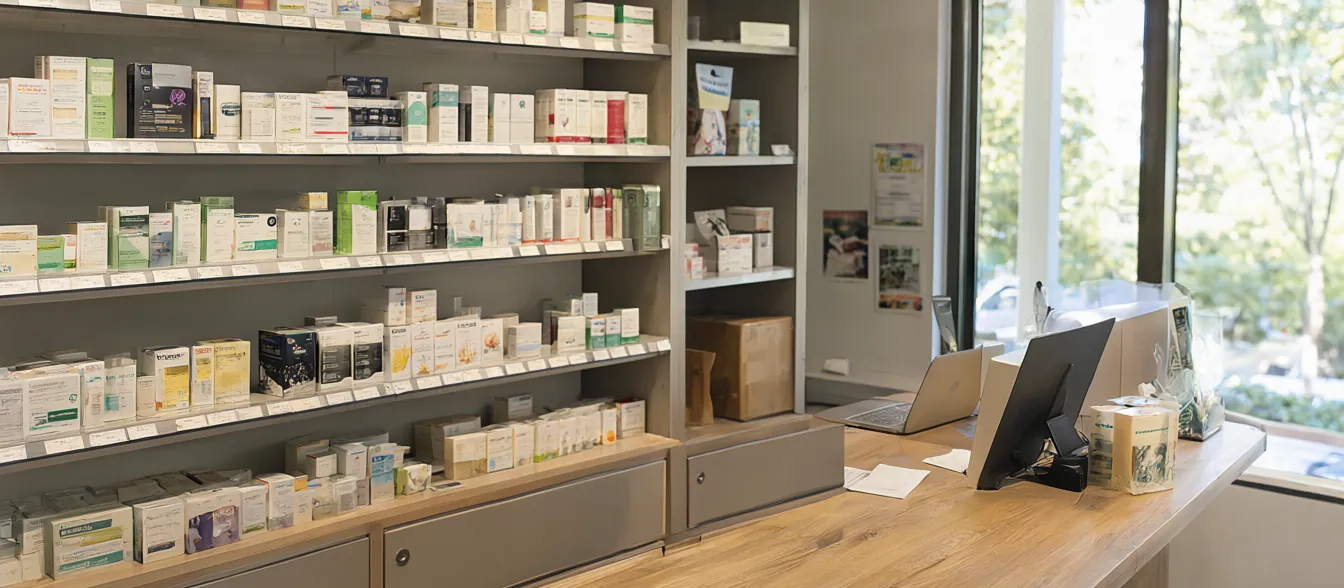 A pharmacy counter with health products on shelves behind it.