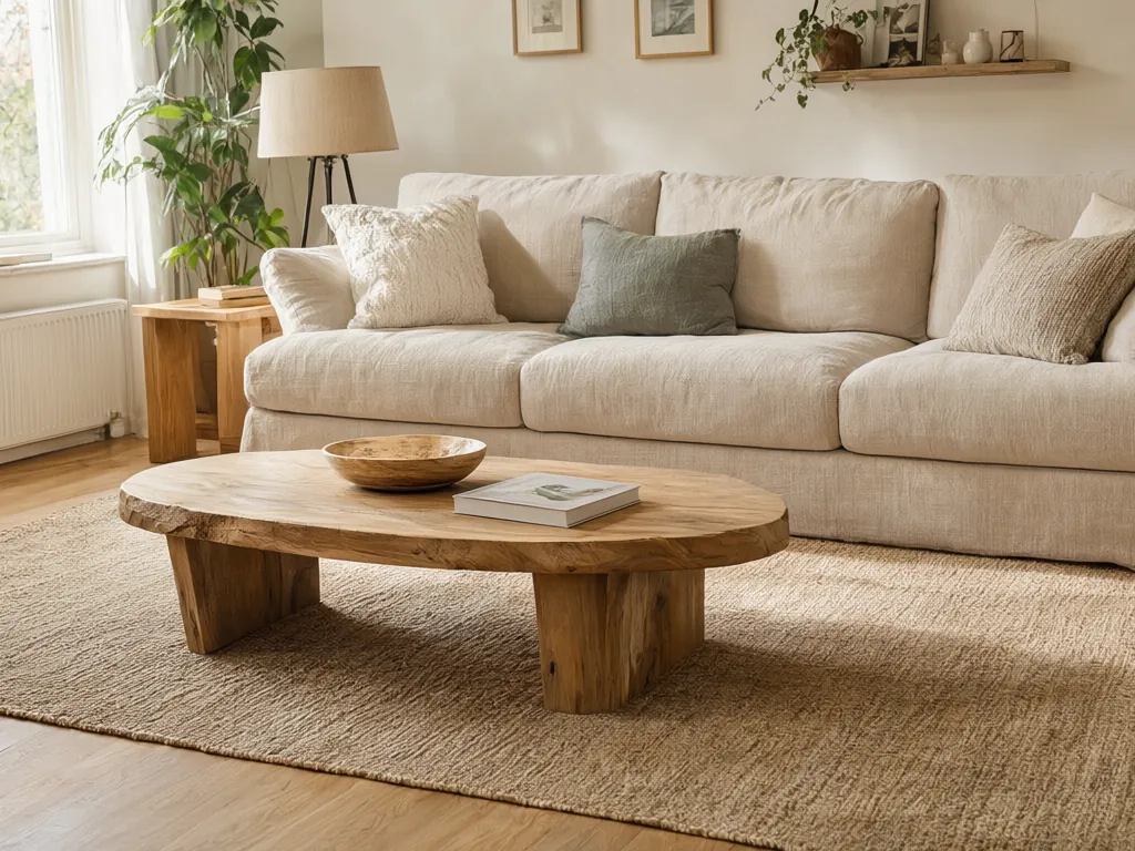 A finished living room with a neutral sofa and a warm pendant light.
