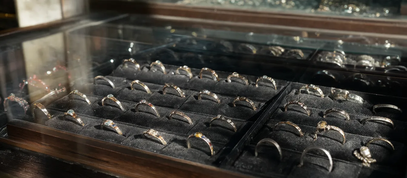 A display case with rings and necklaces on dark velvet.