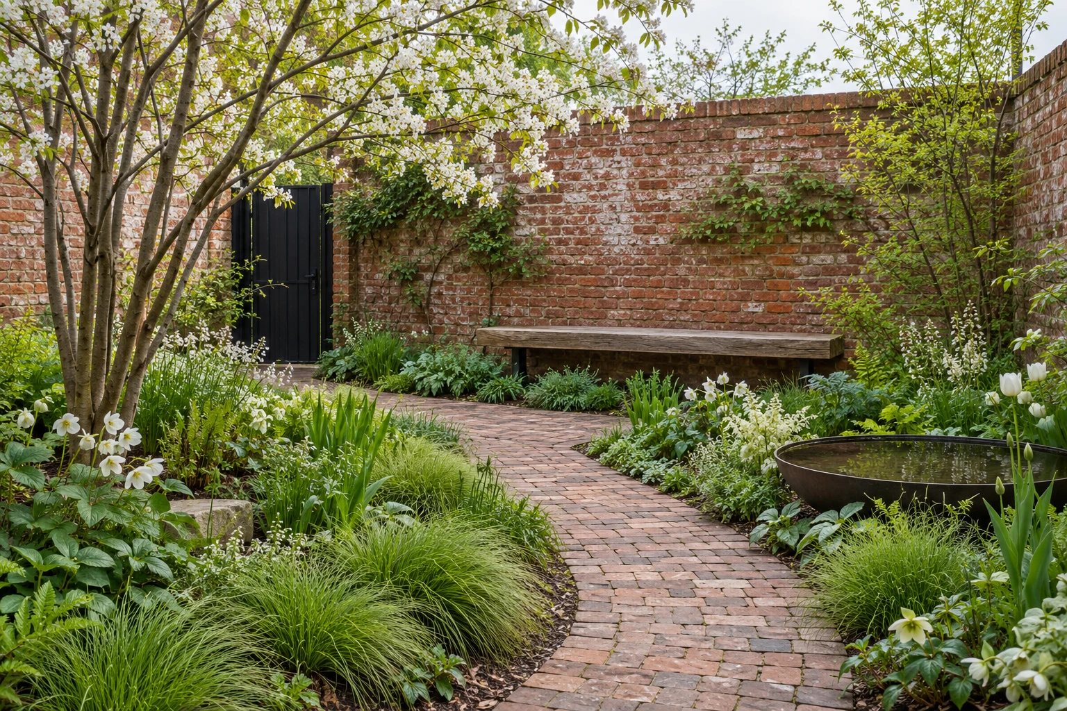 Spring in a brick courtyard: white tree blossom, fresh planting, winding clay path, oak bench and dark rain bowl