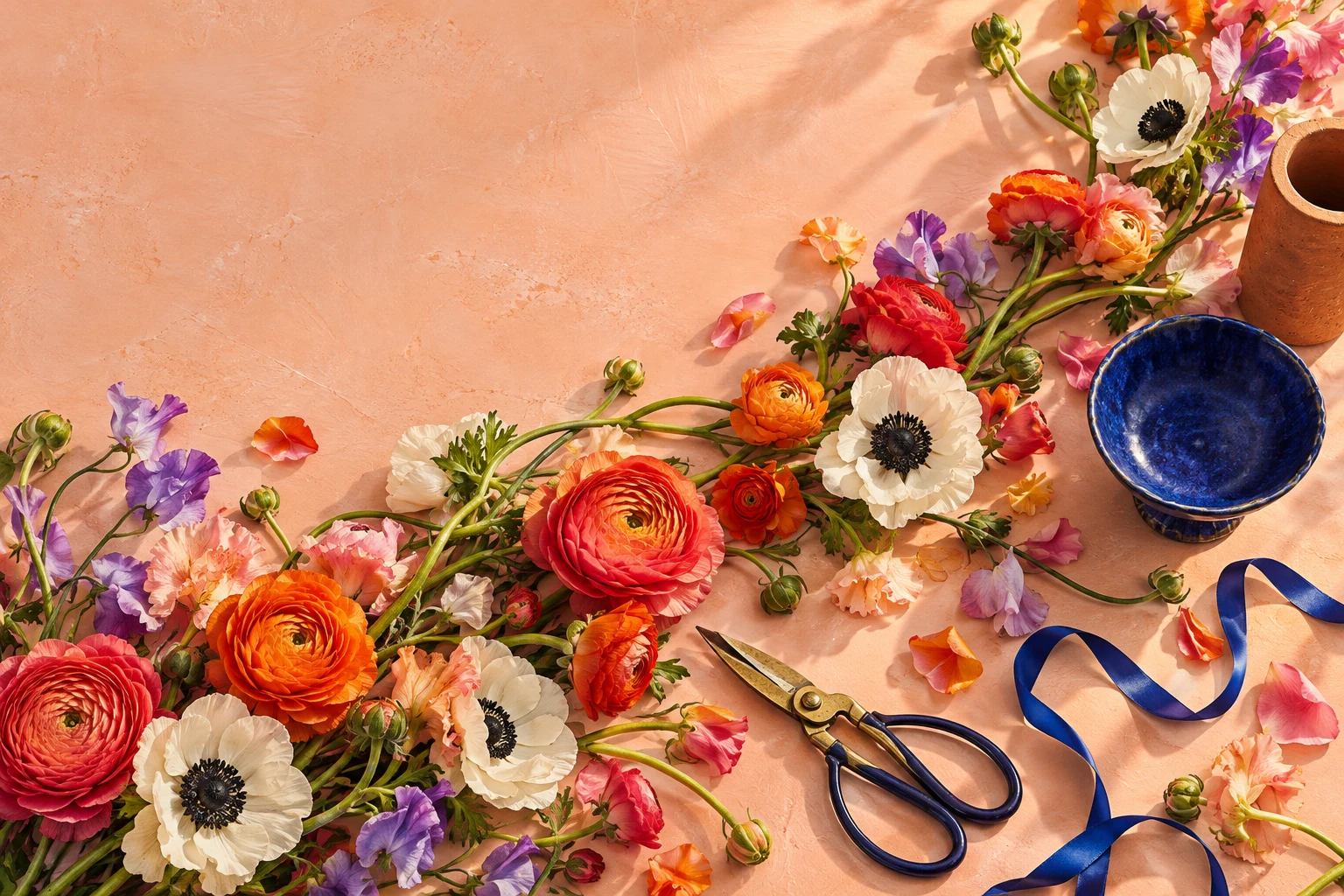 Coral ranunculus, cream anemones and violet sweet peas spilling across an apricot florist workbench