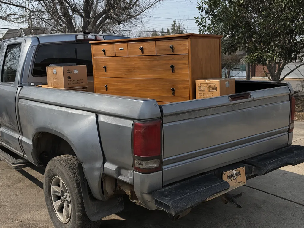 A pickup truck loaded with boxes and a wooden dresser in a driveway.
