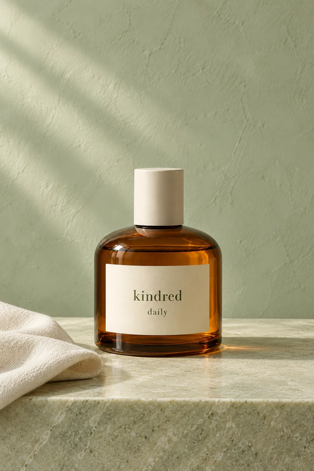 Illustrative Daily rounded amber bottle with ivory cap beside a folded cream cloth