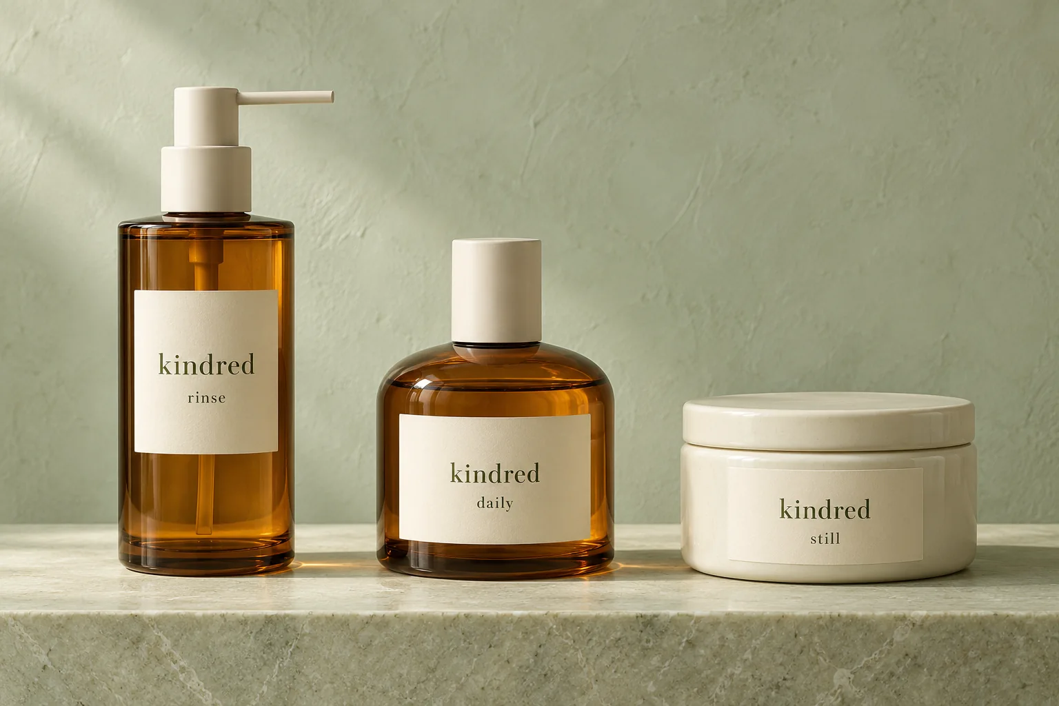 The three original Kindred packaging concepts together on pale green stone
