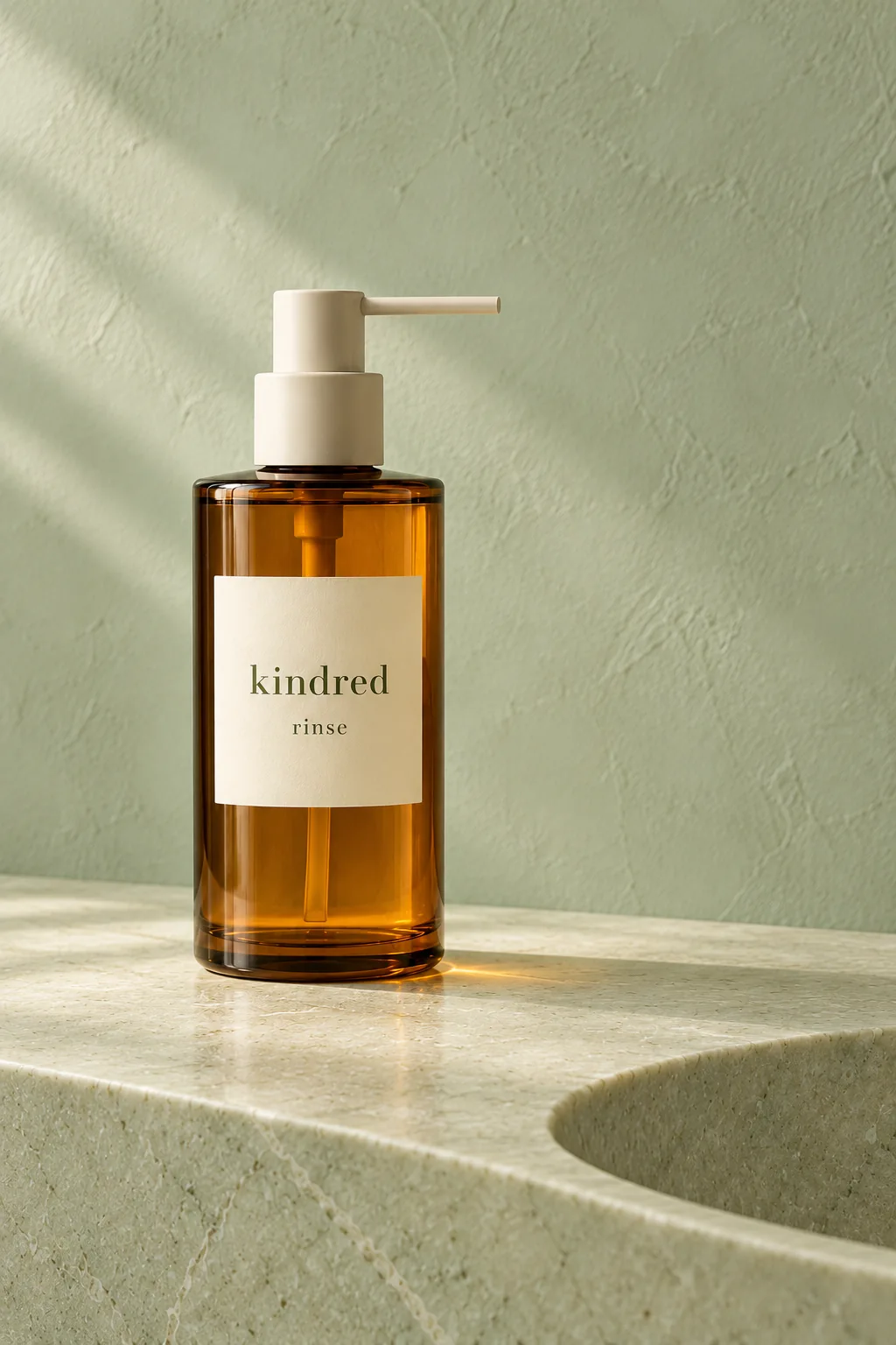 Illustrative Rinse amber pump bottle on pale green stone beside a shallow basin