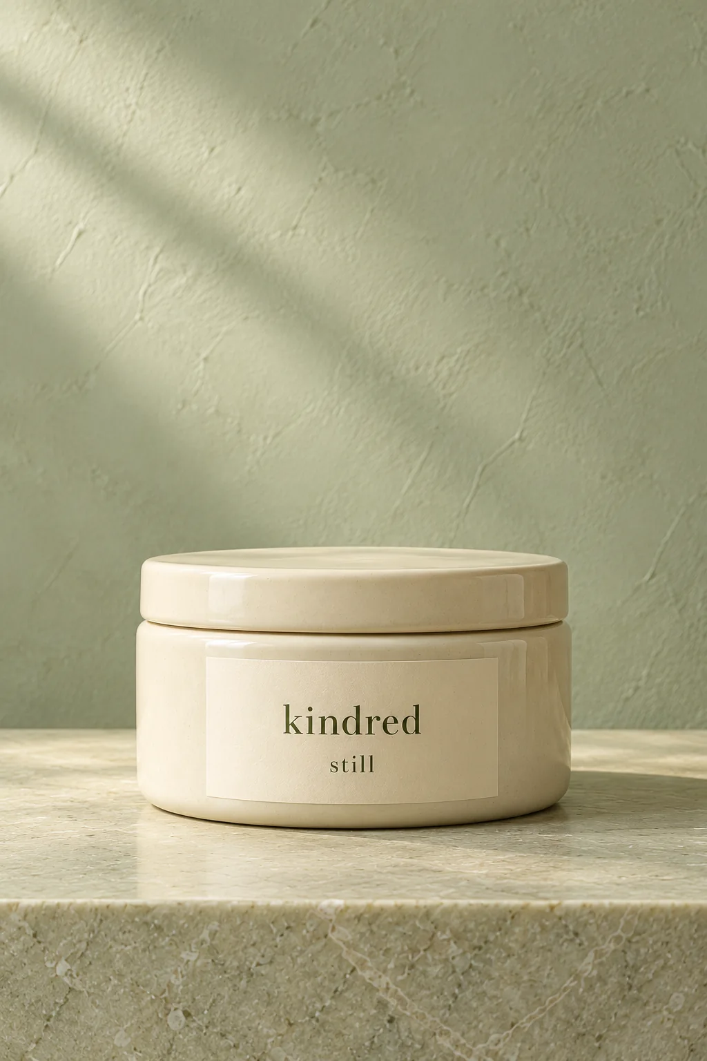 Illustrative Still low cream ceramic pot with a fitted lid on pale green stone