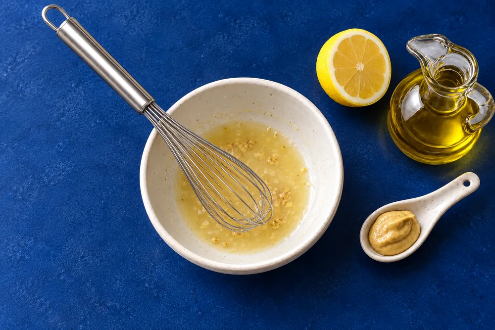Mustard and lemon juice in the bowl before adding oil.