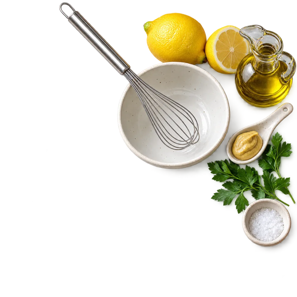 Overhead ingredients for lemon-mustard vinaigrette: bowl, whisk, lemon, olive oil, mustard, parsley and salt.