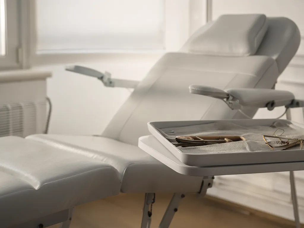 The treatment room, with a reclining chair, a tray of tools and a small plant by the window.