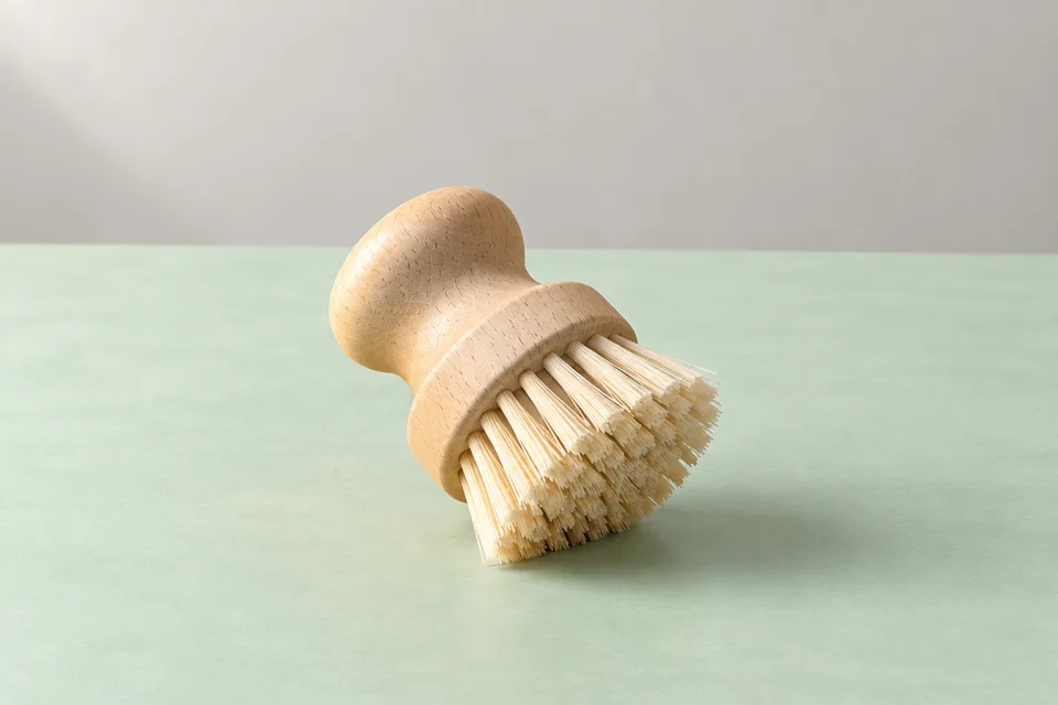 Short rounded beechwood-style palm dish brush with dense pale bristles, resting on its side on a mint surface