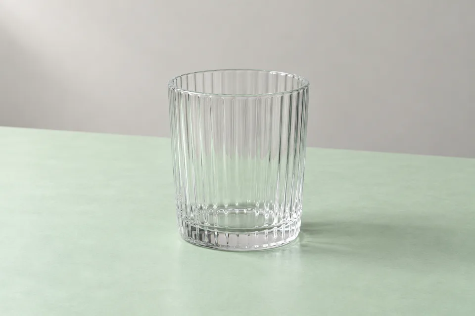 Complete clear vertically ribbed tumbler with a thick-looking base on a mint studio surface