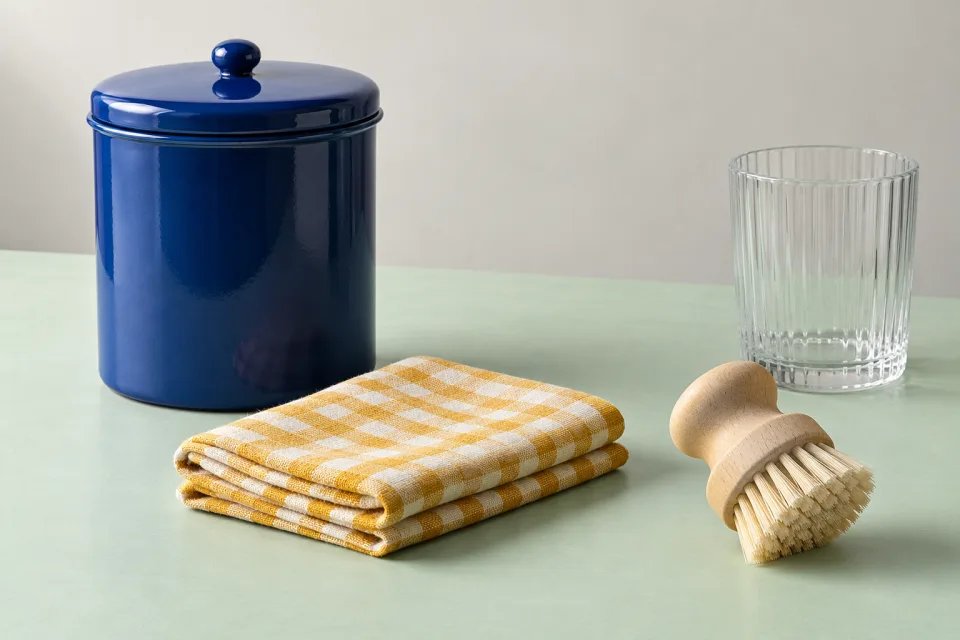 Four coherent fictional household goods: blue canister, folded saffron check cloth, palm brush and ribbed clear tumbler