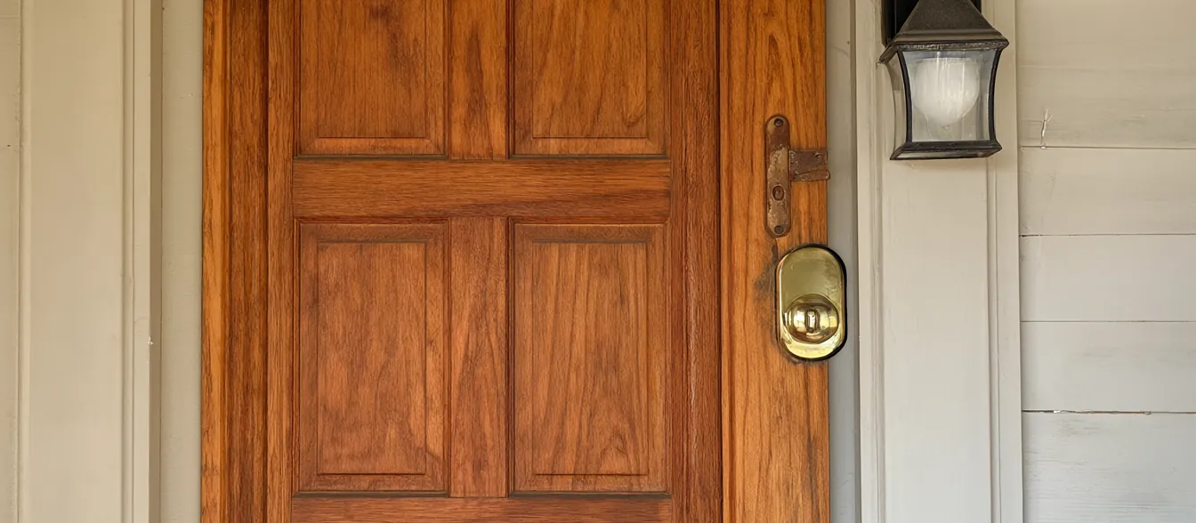 A wooden front door with a new brass deadbolt beside a porch light.