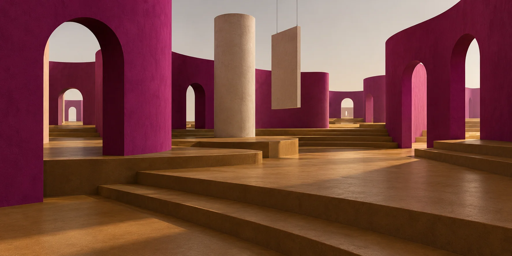 Illustrative sculptural passage with olive and deep plum surfaces