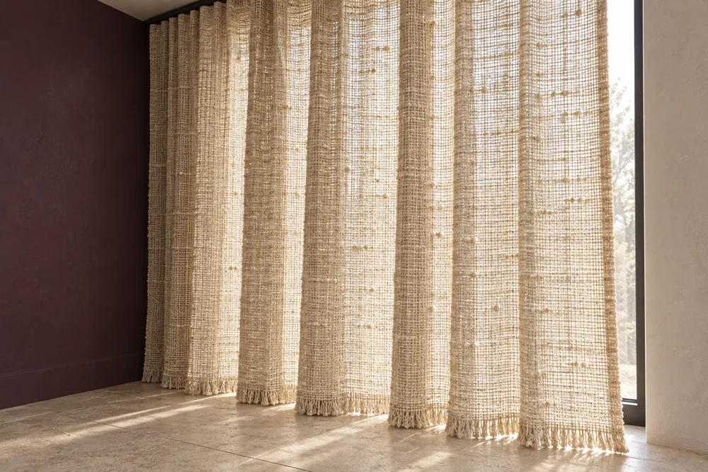Open flax curtain in broad translucent folds beside a tall window.