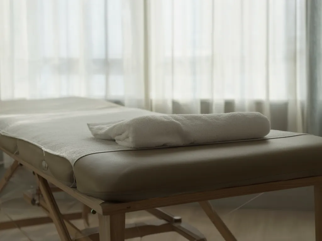 A treatment room with a padded table, folded towels and soft lamp light.
