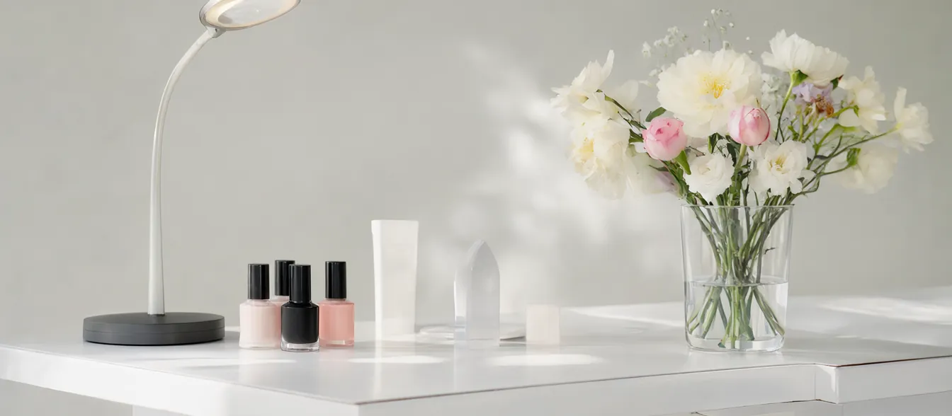 A manicure station with a small lamp, polish bottles and a vase of flowers.