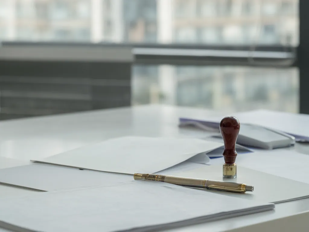 A wooden desk with a notary stamp, a pen and a stack of documents.