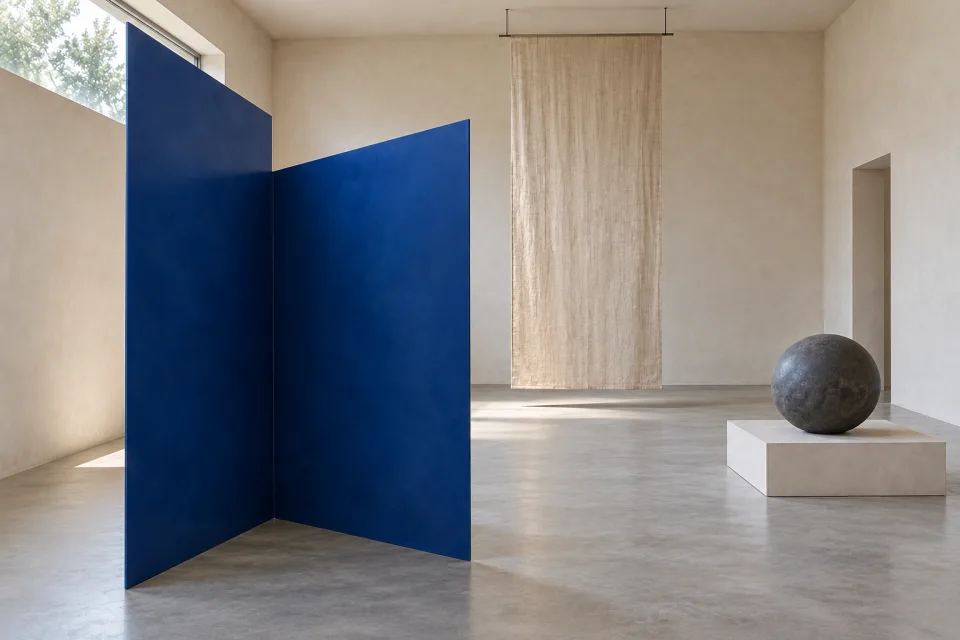 Close view of two unequal cobalt steel planes folded together on the gallery floor, with linen and a stone sphere behind them