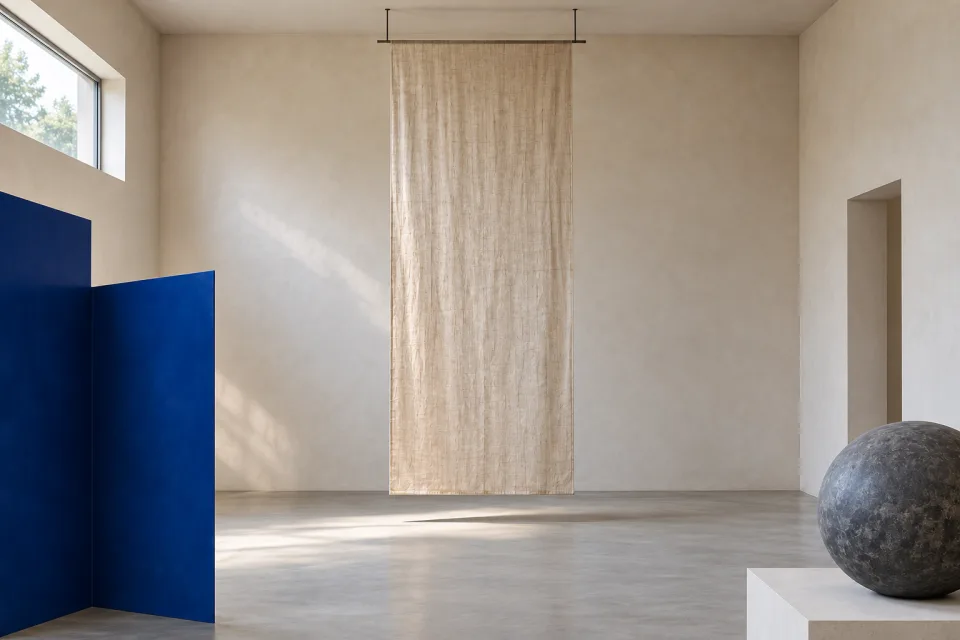 Full suspended undyed linen panel from its ceiling bar to the gap above the floor, framed by partial views of blue steel and a stone sphere