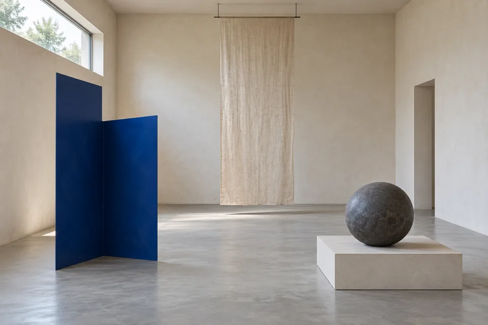 One imagined plaster gallery: folded blue steel at left, suspended linen at the rear and a charcoal sphere on a low pale plinth at right