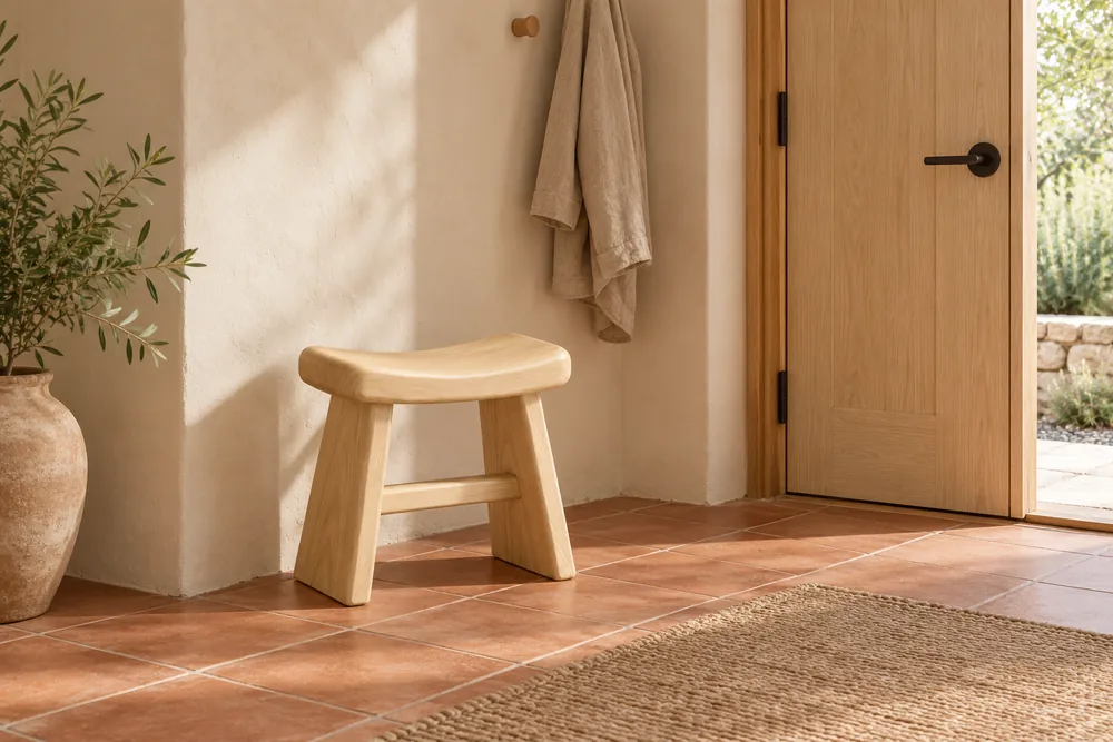 The same illustrative Arc stool in a limewashed entry alcove beside an oak door and a linen coat.