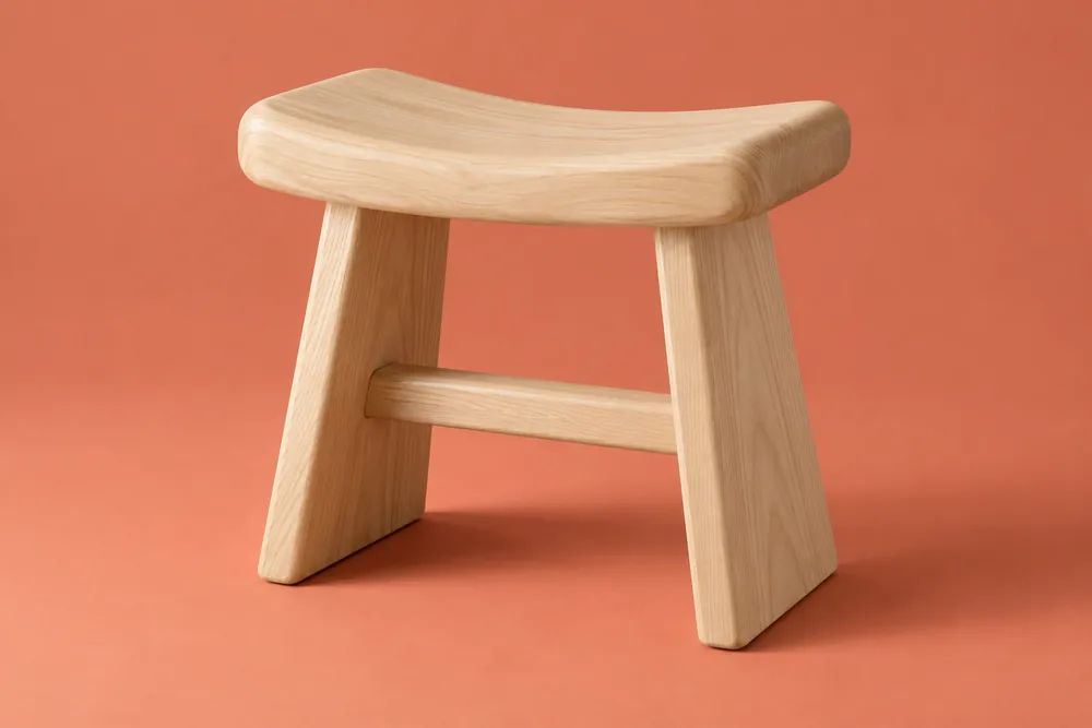 Original illustrative Arc stool in three-quarter view: pale ash saddle seat, two broad splayed slab legs and one low stretcher.