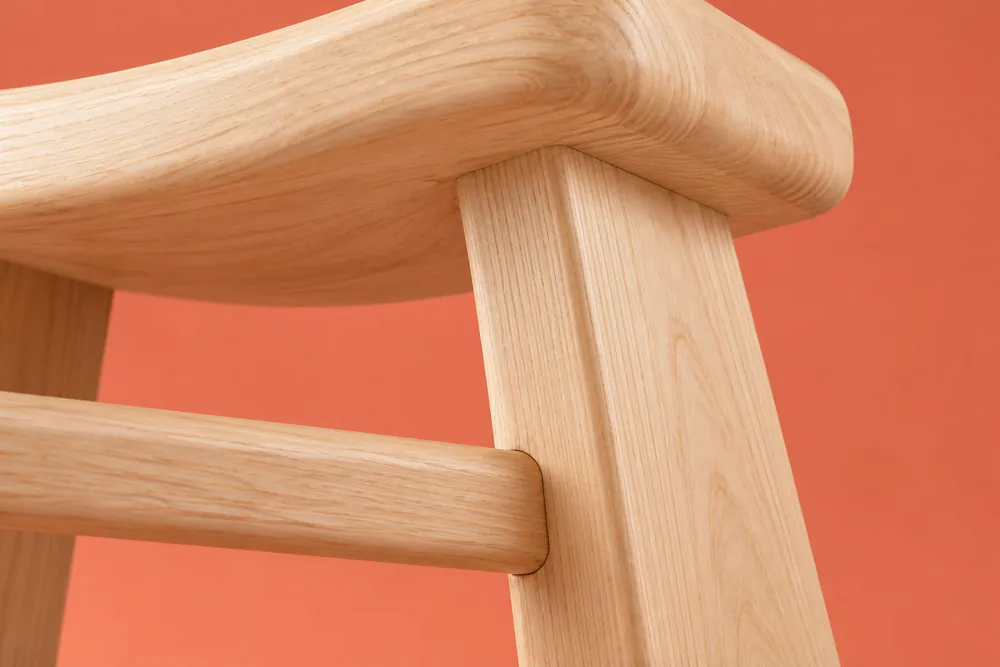 Close original illustration of the Arc stool seat underside, broad leg and lower stretcher joint in pale ash wood.