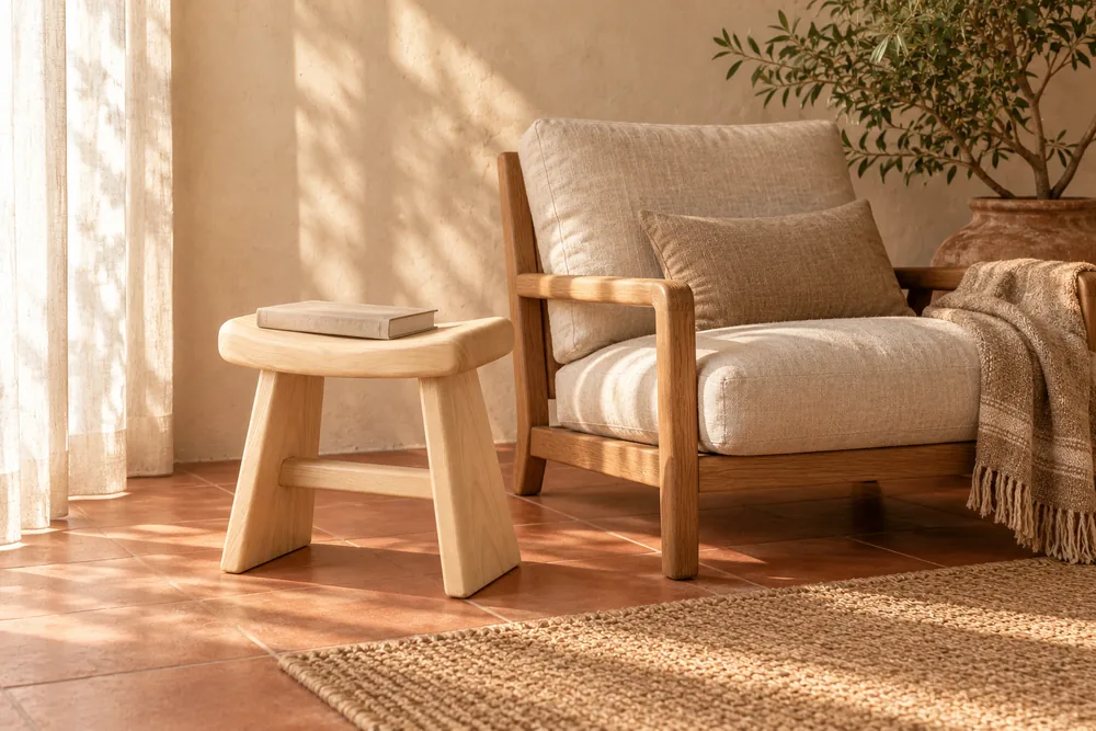 The same illustrative Arc stool beside a linen lounge chair, with one closed book on its curved seat.