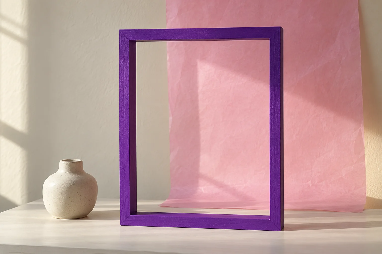 Illustrative documentary still life of an open violet frame, pink translucent paper and a neutral ceramic vessel in a generic interior