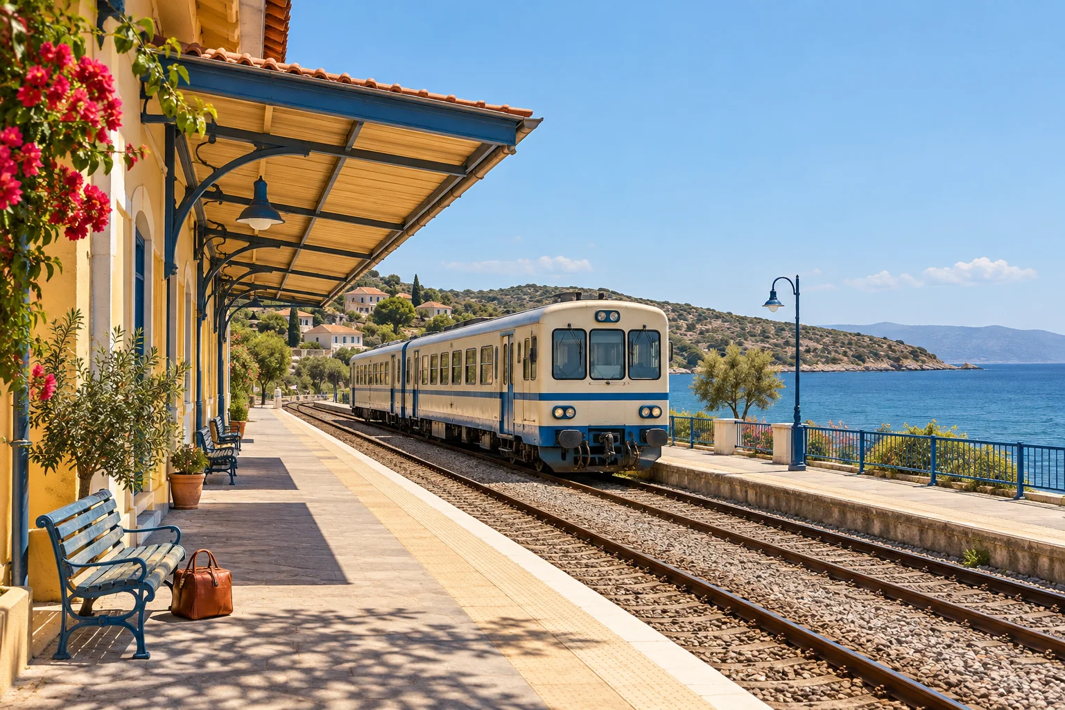 Illustrative daylight coastal station with an ochre canopy, blue railings and a cream-and-blue regional train.