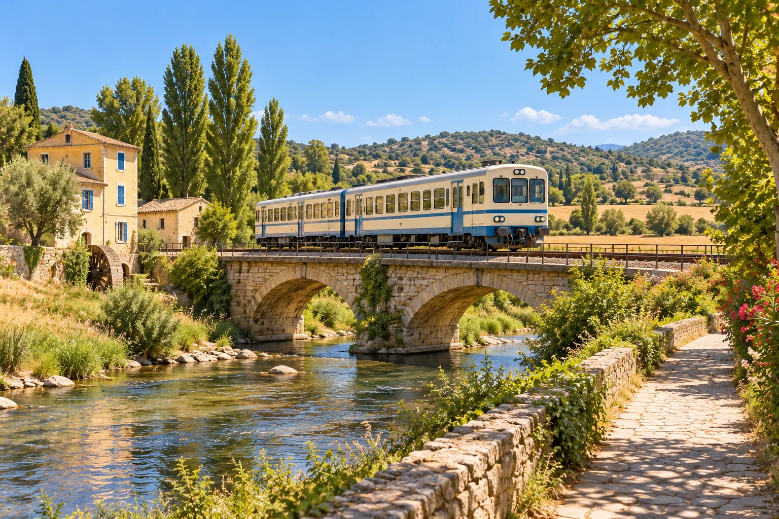 Illustrative cream-and-blue regional train crossing a low stone bridge beside a river path and mill.