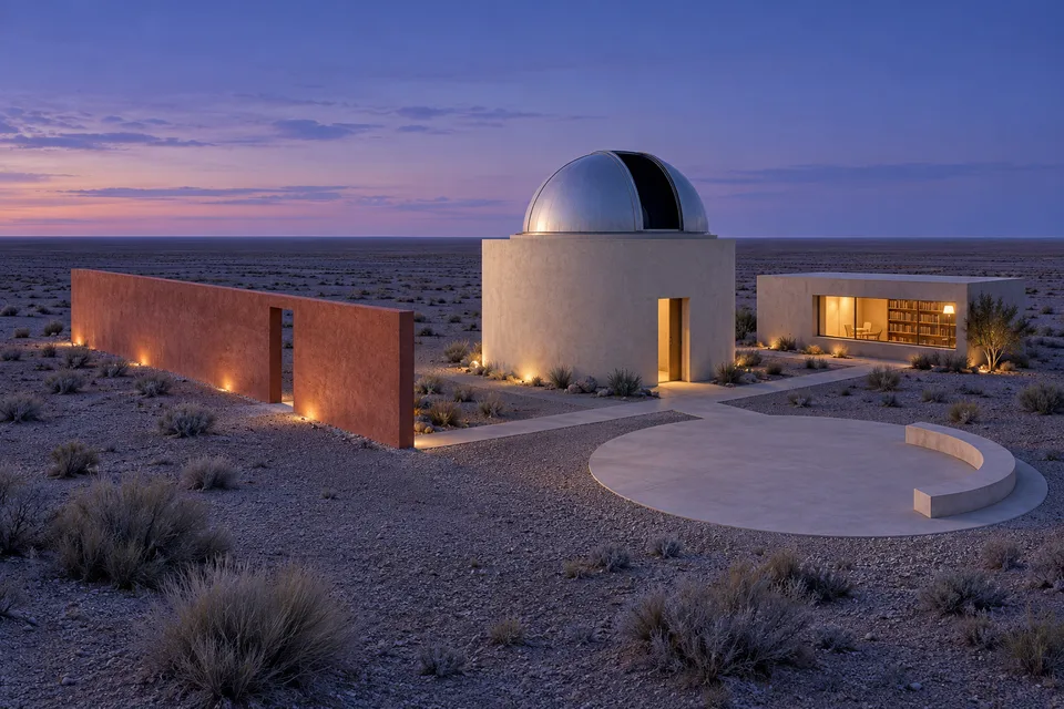 Fictional flat desert campus at dusk with pale observatory dome, terracotta wall, reading annex and circular court