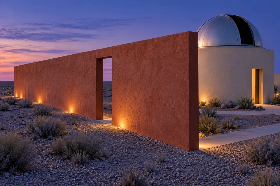 The same terracotta screen wall and its tall narrow opening beside the observatory dome at dusk