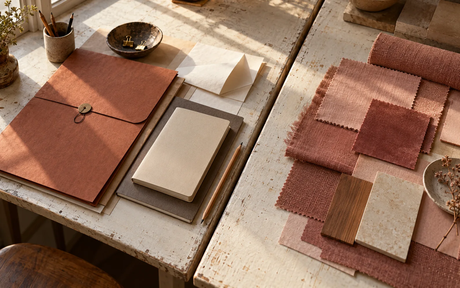 Illustrative paired folders, paper and material swatches on a workshop table