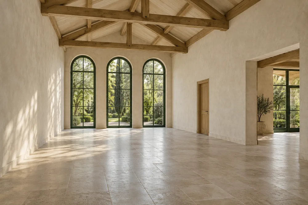 Imagined empty Pavilion hall: three far arched windows, oak beams, limestone floor, right-hand foyer opening and oak service door.