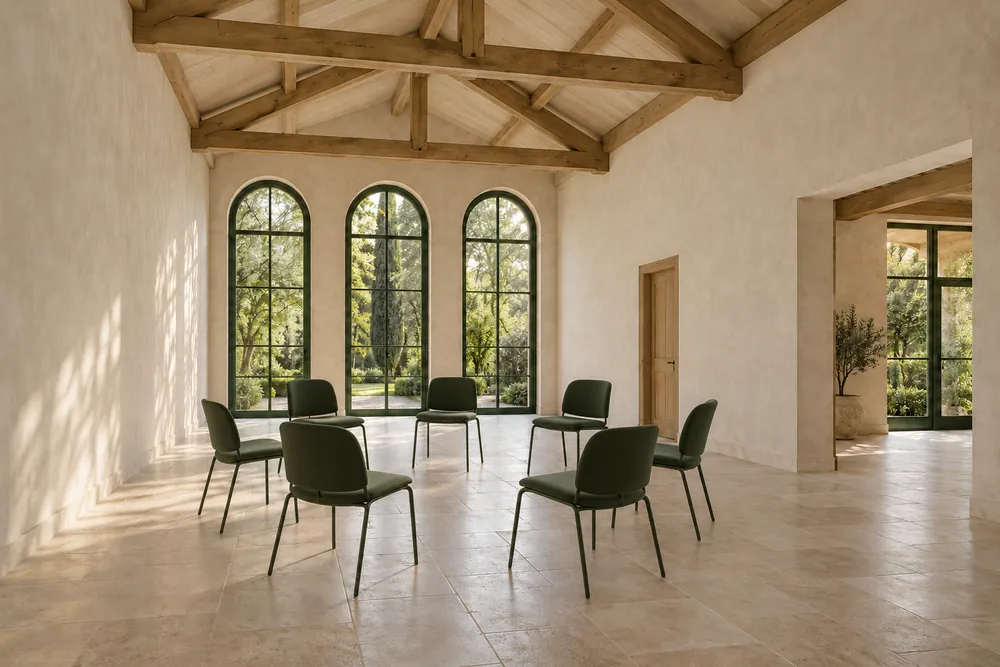 The same hall with seven chairs in an open circle and no table.