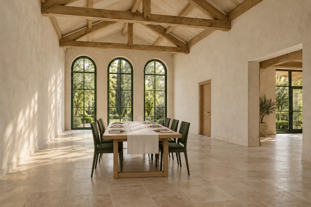 Same illustrative hall with one long table and eight dining places.