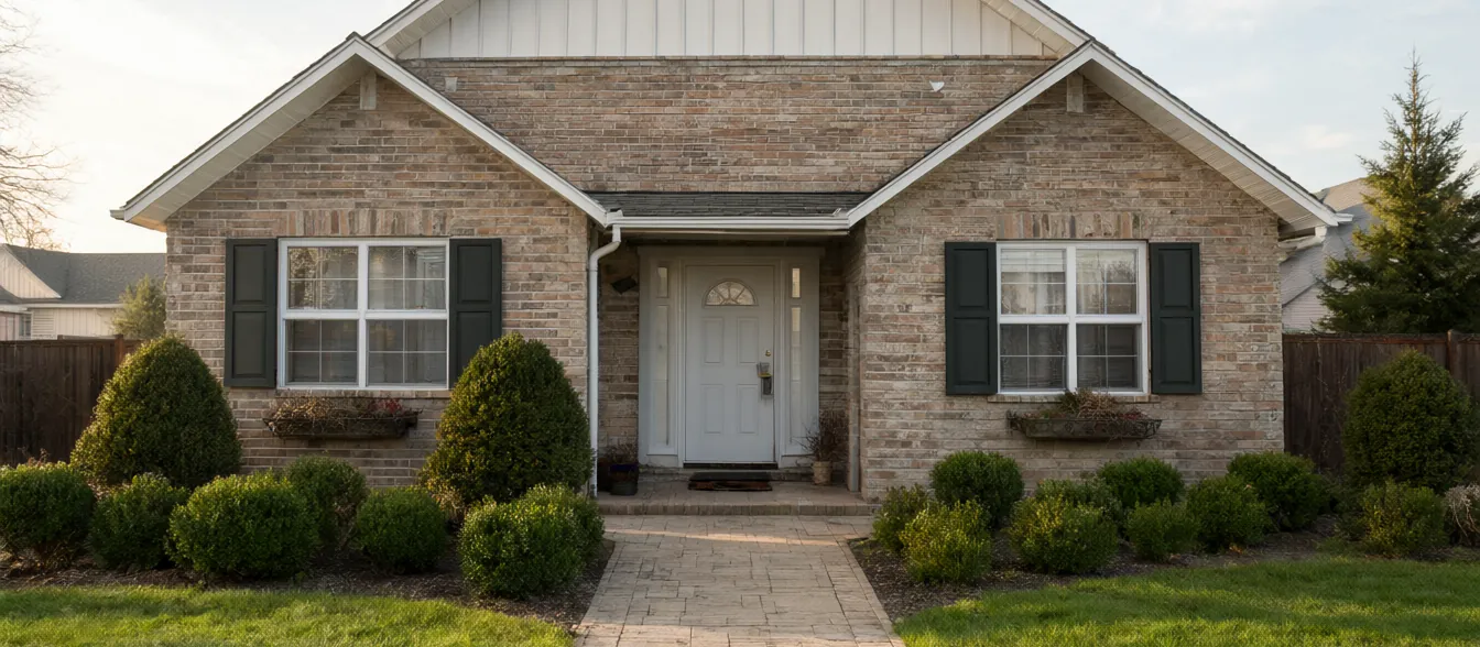 A tidy brick house with a stone walkway and trimmed shrubs.