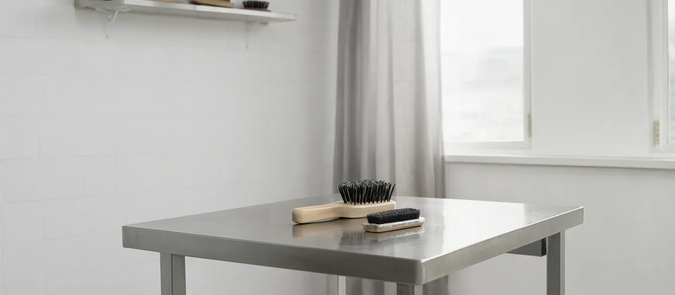 A fluffy dog on a grooming table beside a row of brushes.