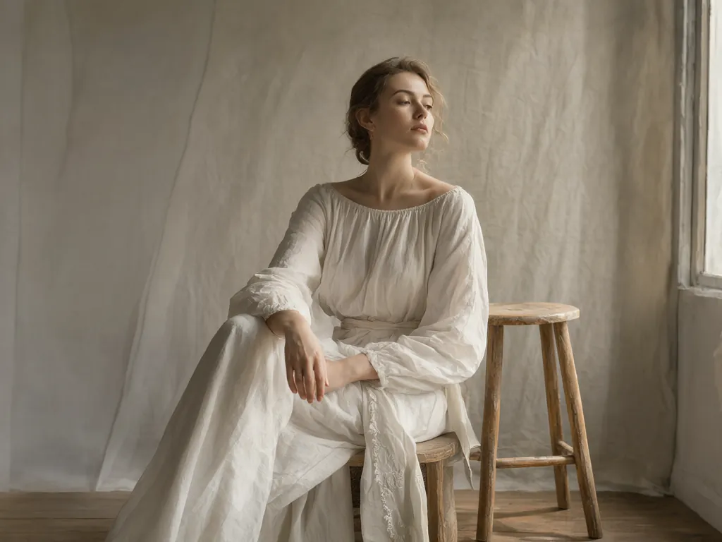 A portrait studio with a paper backdrop, a wooden stool and a window.